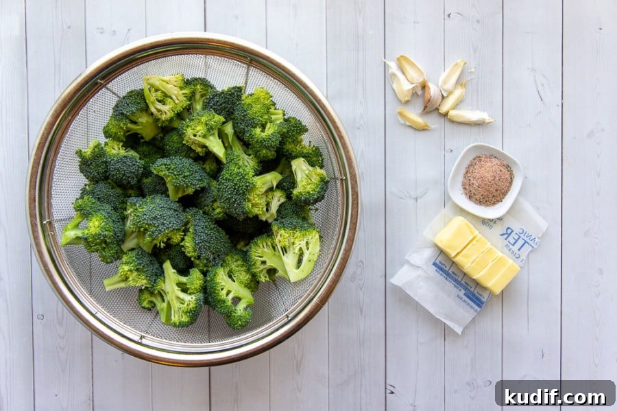 Crispy Garlic-Roasted Broccoli Recipe for Flavorful Sides 3 broccoli, butter, seasoning salt, and garlic