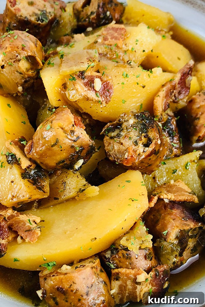 Closeup Shot of Irish Coddle With Sausages, Potatoes, Bacon