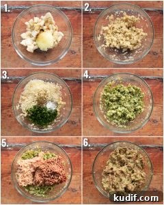 6 step by step photos showing how to make Italian meatballs