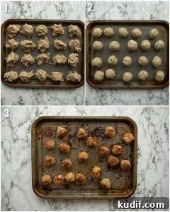 3 step by step photos showing how to cook meatballs