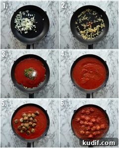 6 step by step photos showing how to make meatballs and sauce