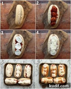 6 step by step photos showing how to make meatball subs