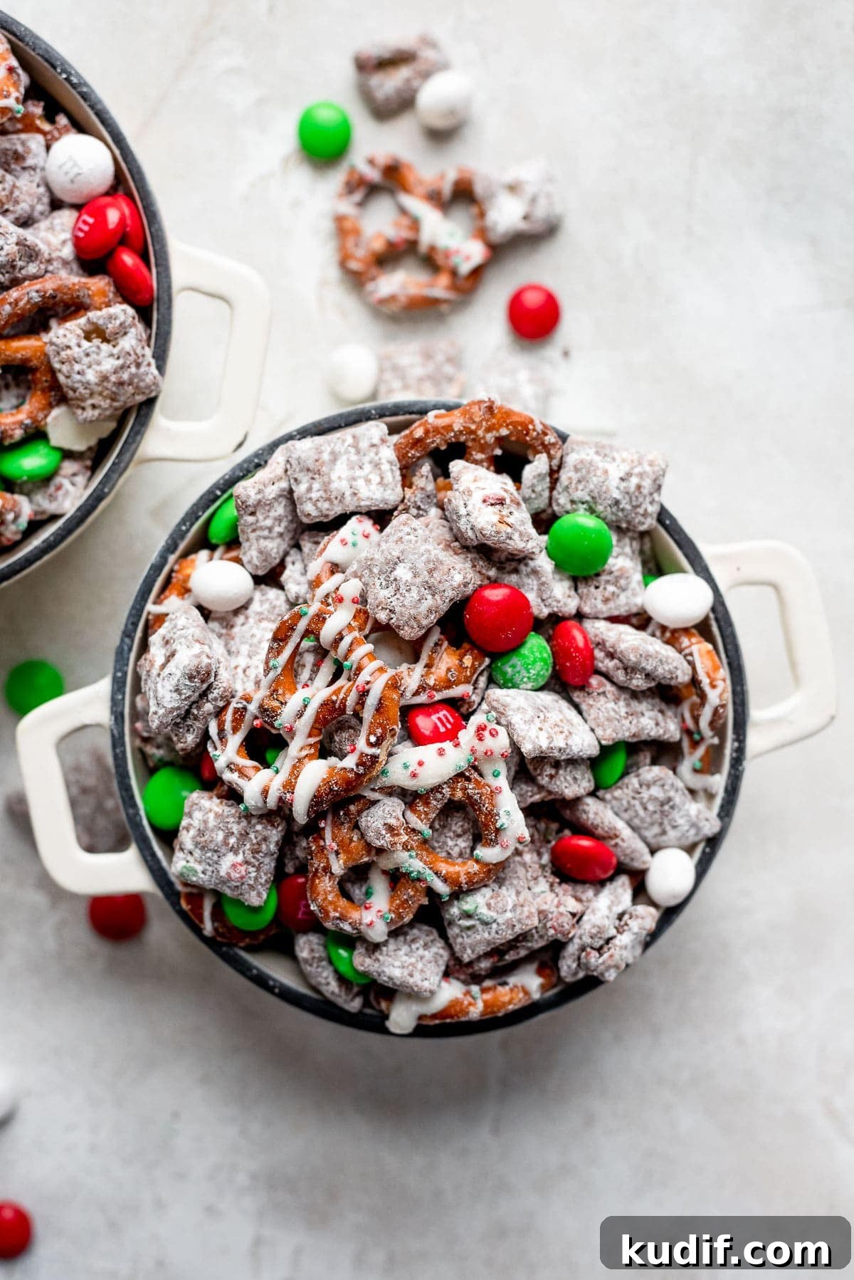Festive Christmas Puppy Chow Snack Mix Recipe 2 overhead christmas puppy chow in a small pot