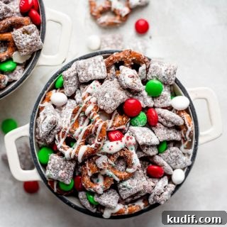 Festive Christmas Puppy Chow Snack Mix Recipe 7 overhead christmas puppy chow in a small pot