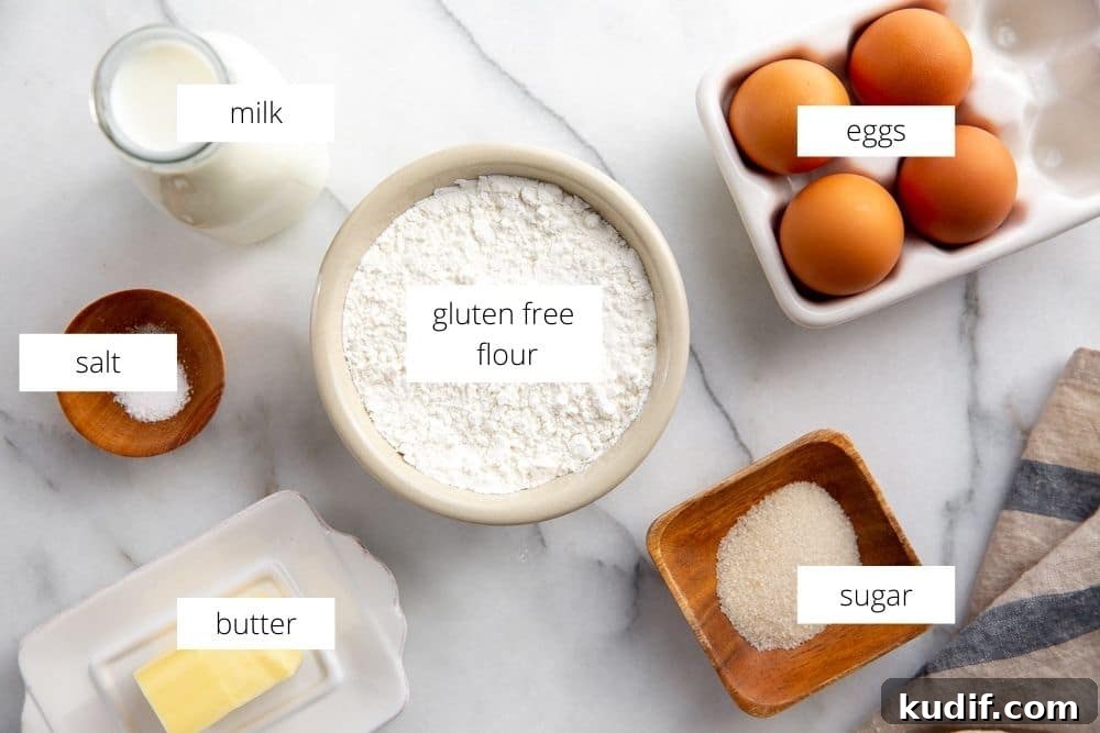 The gluten free crepe recipe ingredients arranged on a marble surface.