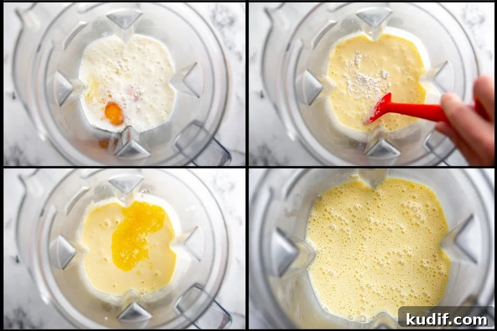 Process shot divided into four quadrants showing how to make the crepe batter in a blender.