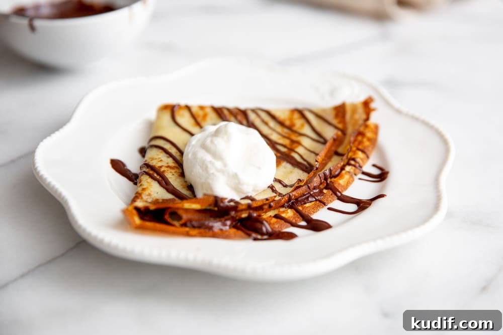 A chocolate crepe on a plate, drizzled with melted chocolate and topped with whipped cream.