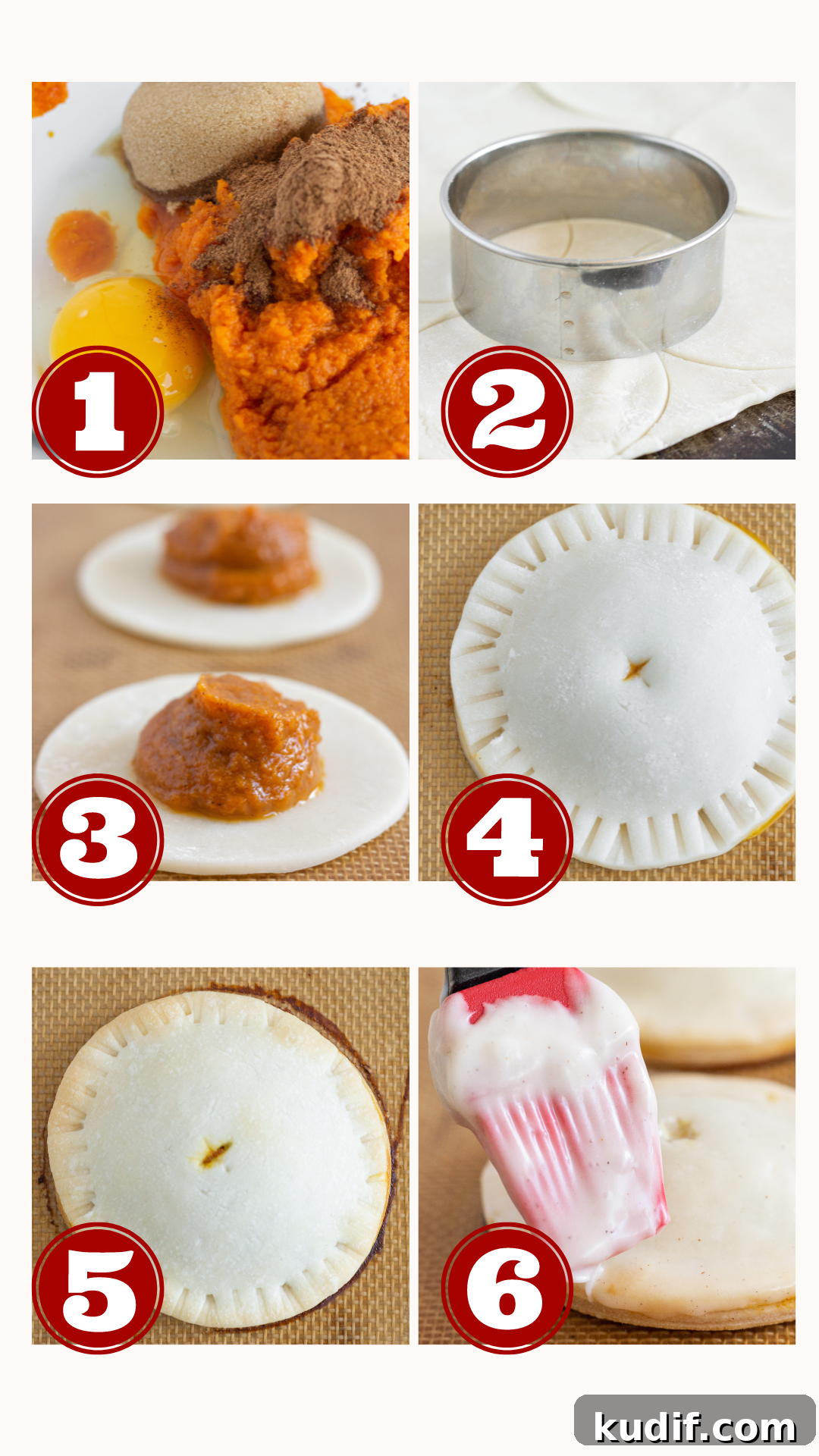 6 step by step photos for making pumpkin hand pies from start to finish.
