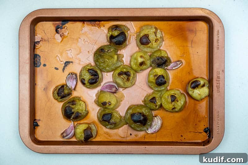 Charring the tomatillos and garlic