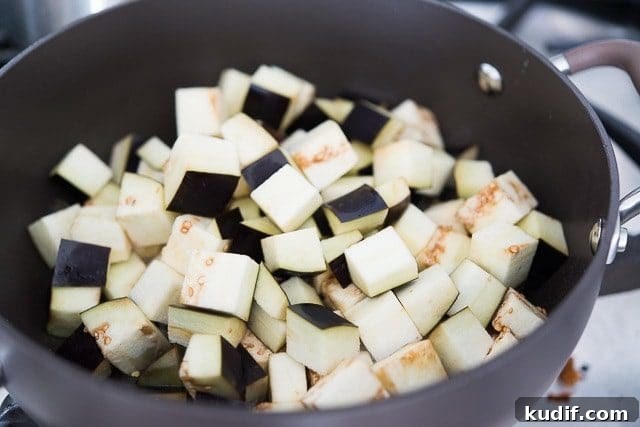 Chopped Globe Eggplant in a Pan