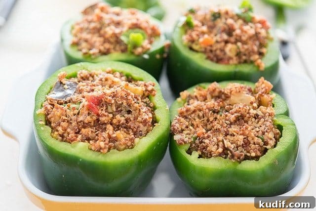 Green Bell Peppers Stuffed with Eggplant Quinoa Mixture