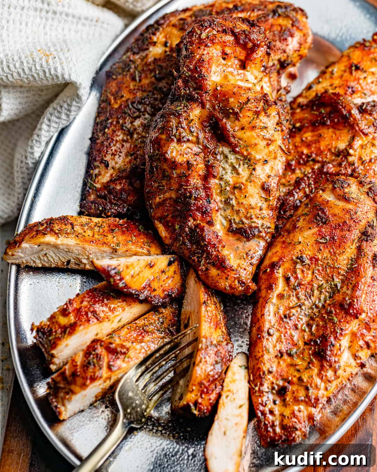 smoked chicken breasts on a silver plate with a fork.