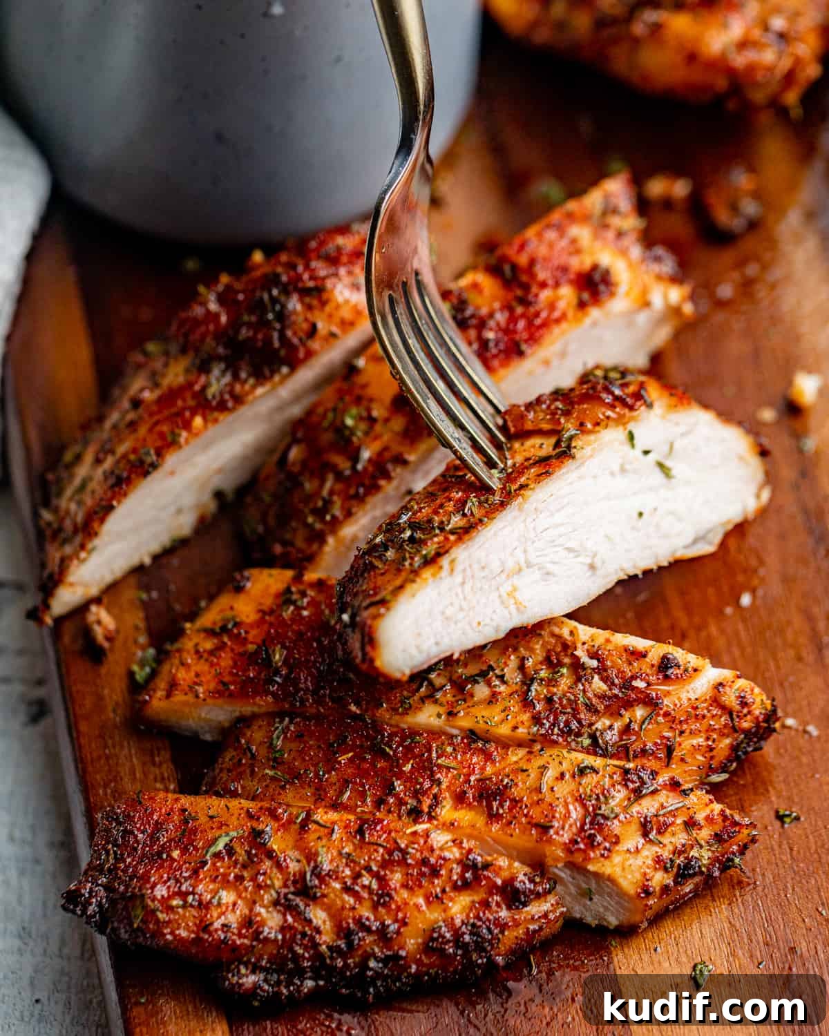 sliced smoked chicken breasts on a cutting board with a fork inside a piece of meat showing the inside.