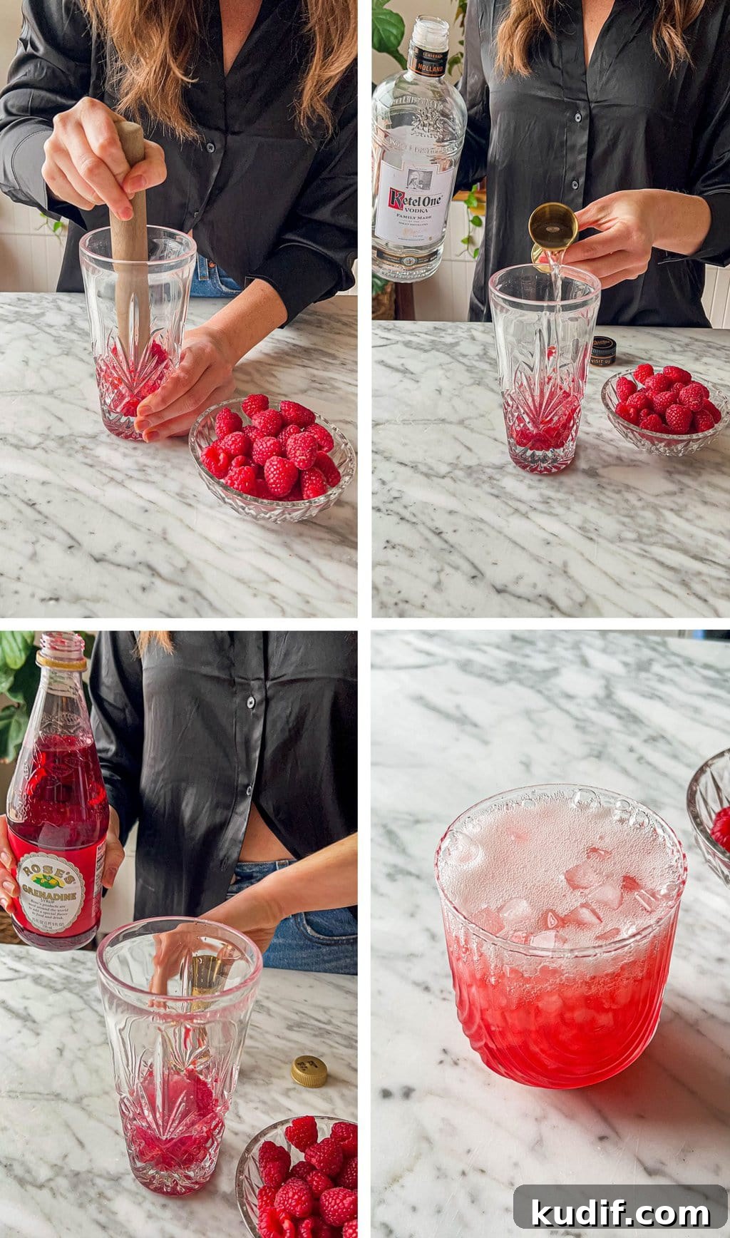 Raspberry Vodka Champagne Cocktail Recipe for Celebrations 5 four step grid making raspberry vodka champagne cocktail