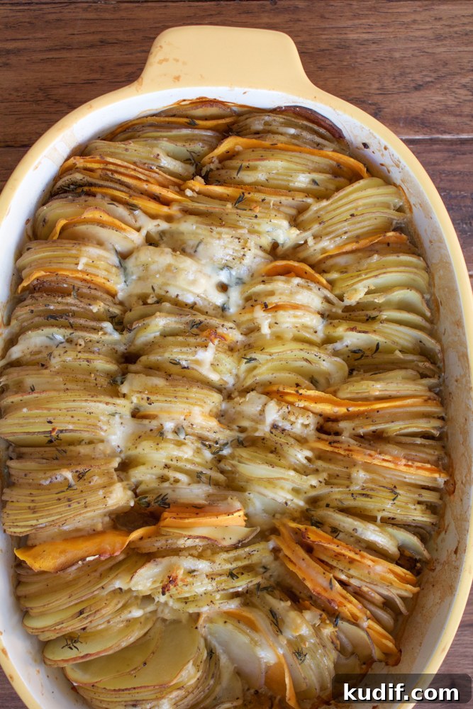 Hasselback Potato Gratin Recipe: Crispy Layers & Creamy Center 3 Hasselback Potato Gratin. Slices of Yukon gold potatoes and yams, topped with a delicious and light cheesy cream sauce.
