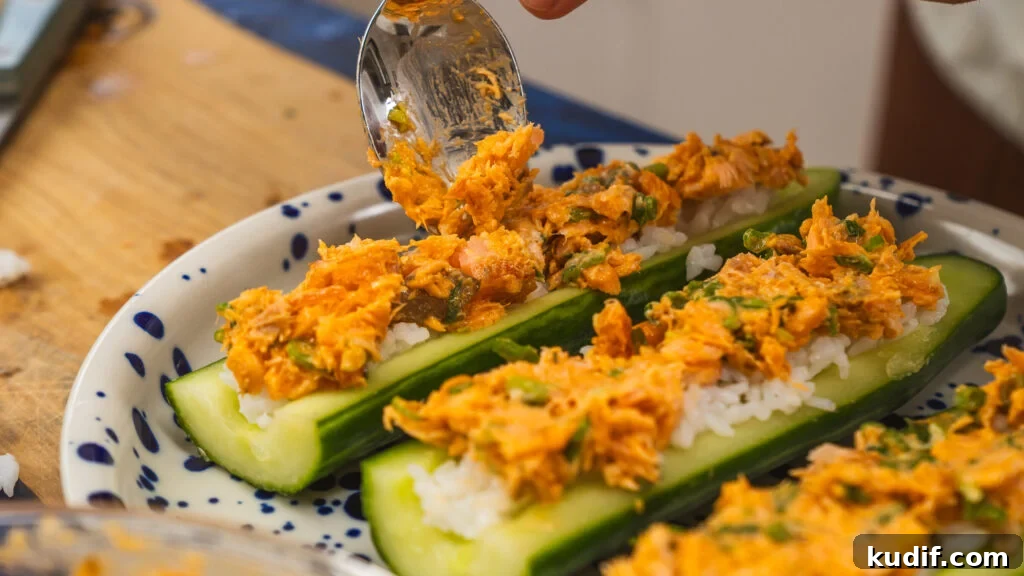 Spicy Salmon Cucumber Boats Made from Leftover Ingredients 6 Spicy salmon cucumber boats using leftover rice.