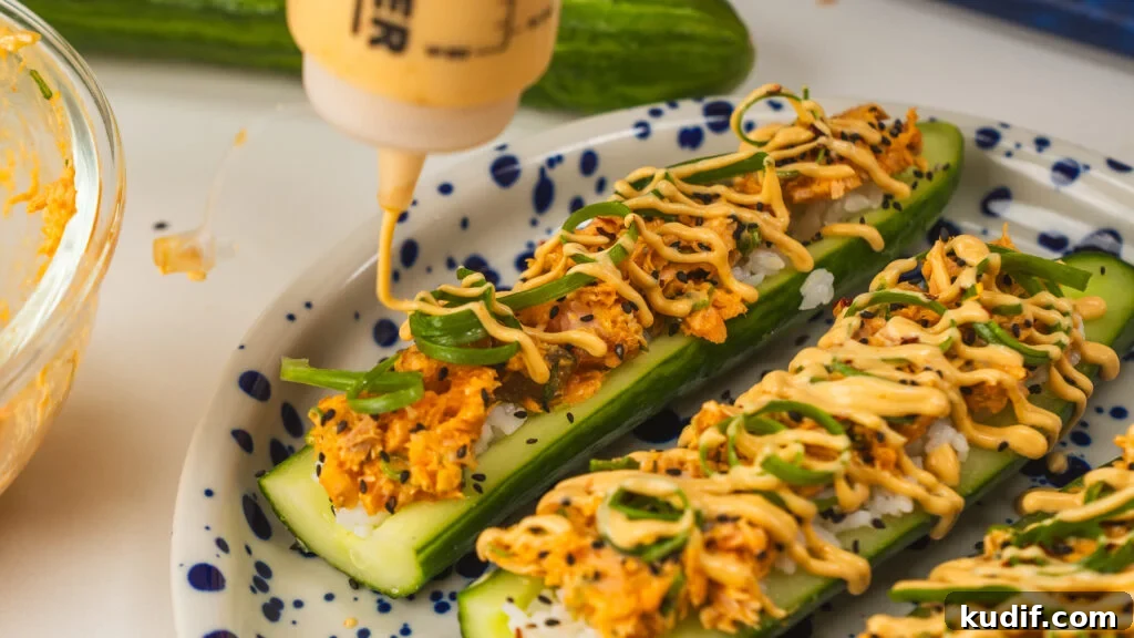 Spicy Salmon Cucumber Boats Made from Leftover Ingredients 2 Spicy salmon cucumber boats using leftover rice