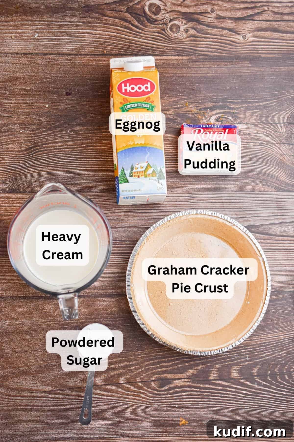 The ingredients for no-bake eggnog pie are labeled.