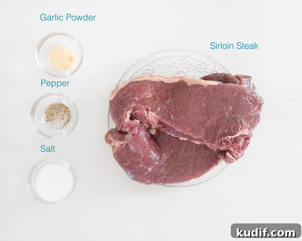 Crispy Air Fryer Sirloin Steak in 15 Minutes 3 individually labeled ingredients to make dry-brined sirloin steak laid out on a table