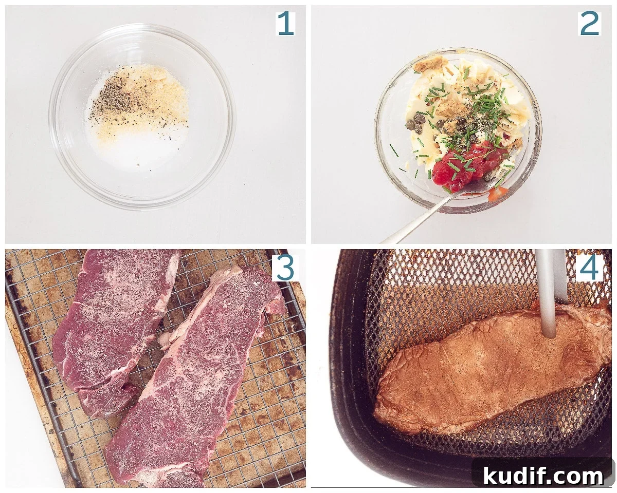 Crispy Air Fryer Sirloin Steak in 15 Minutes 5 Inidvidually 4-step collage showing how to prepare air fryer sirloin steak