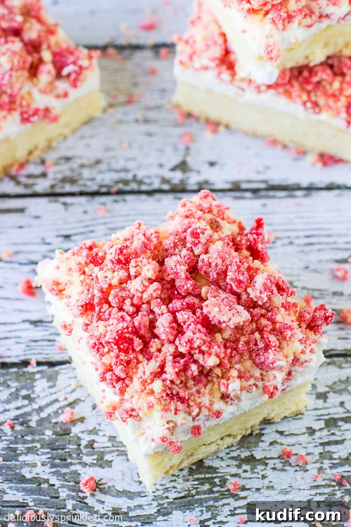 Strawberry shortcake bar cut into a square. 