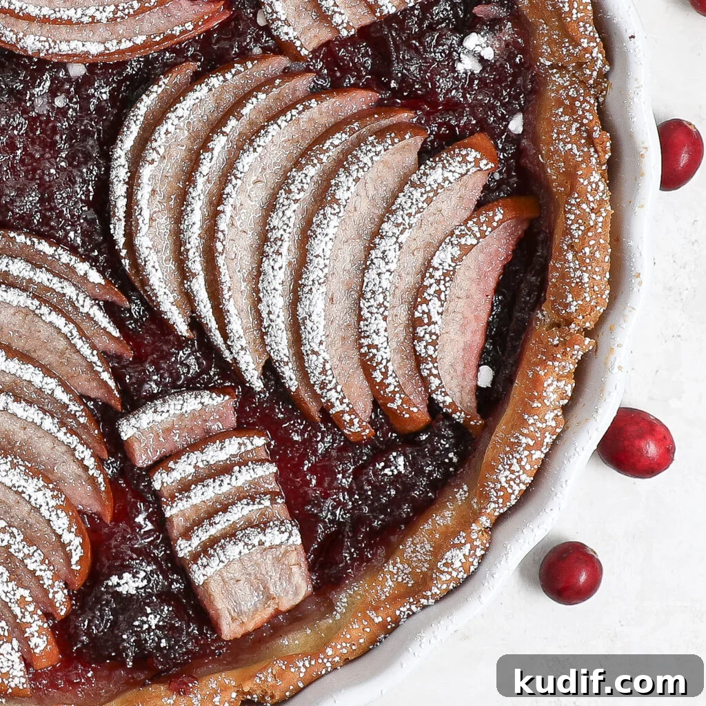 A close-up of a Pear Cranberry Tart topped with thinly sliced apples arranged in a fan shape, dusted with powdered sugar. The tart is in a white dish, with whole cranberries scattered nearby.