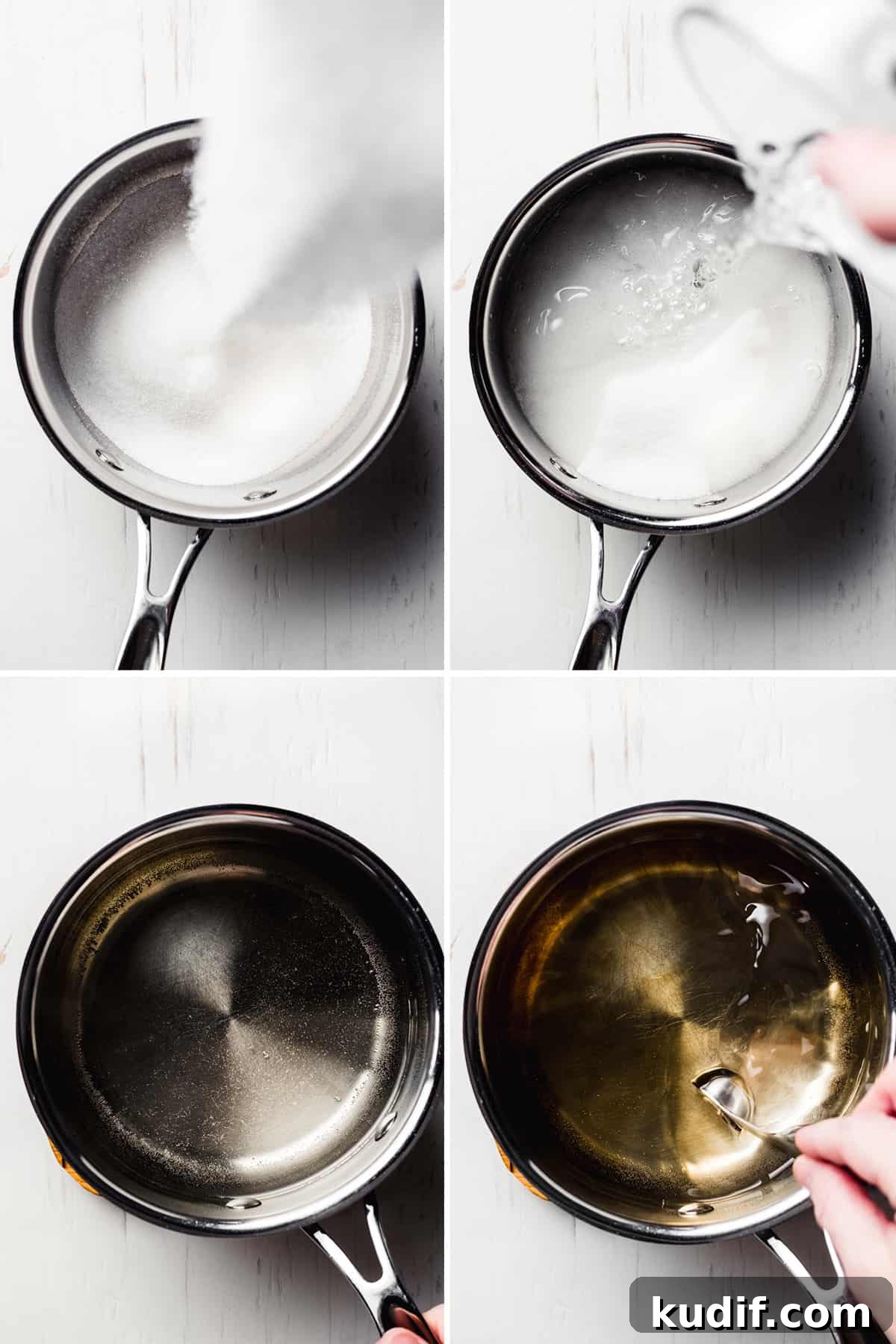 Adding sugar, water, and vanilla to a small saucepan.
