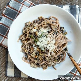 Farro Pasta With In A Creamy Thyme Sauce With Mushrooms & Sausage
