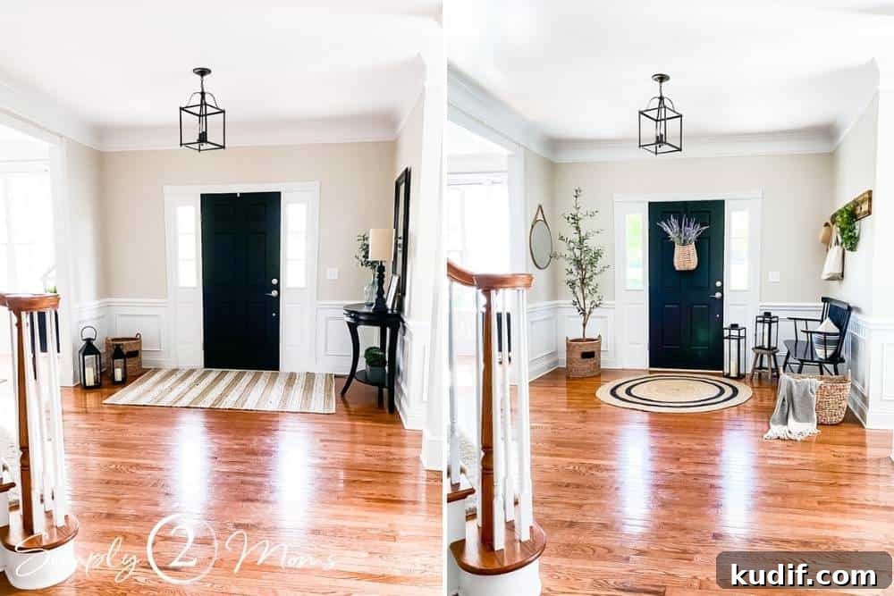 side by side comparison of the before and after photos of the entryway makeover