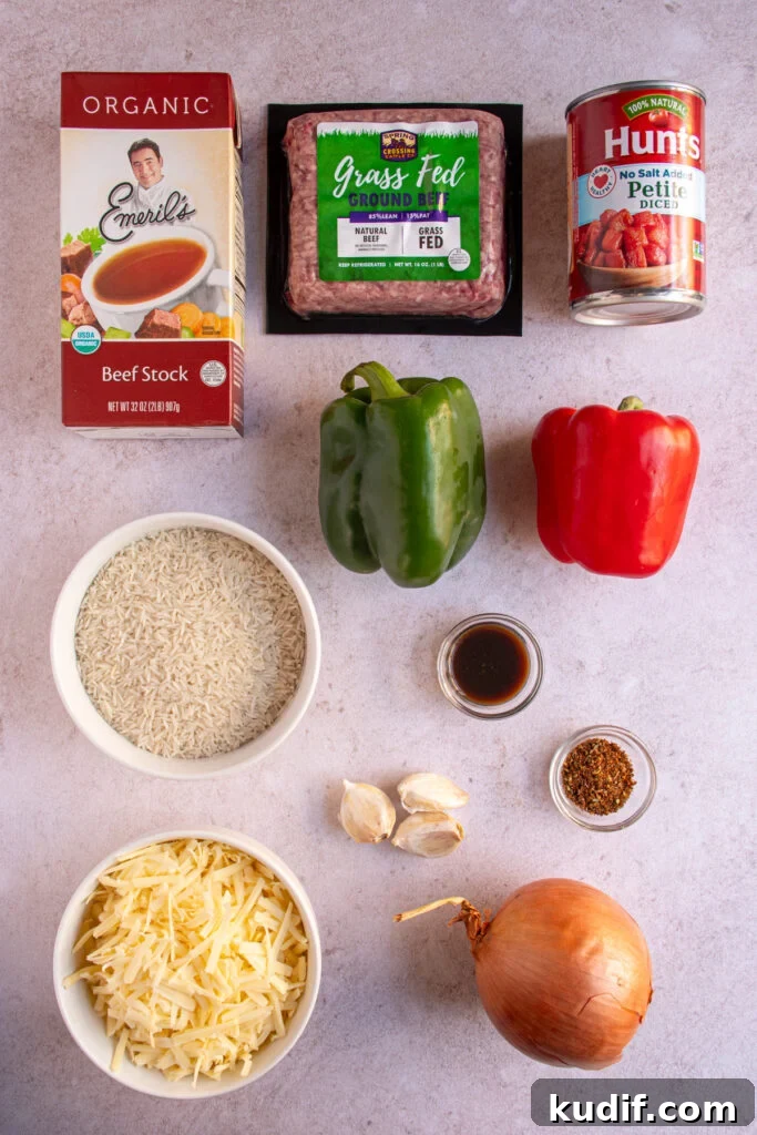 Cheesy Stuffed Pepper Casserole Bake Recipe 4 Ingredients needed to make stuffed pepper casserole laid out on a tabletop.