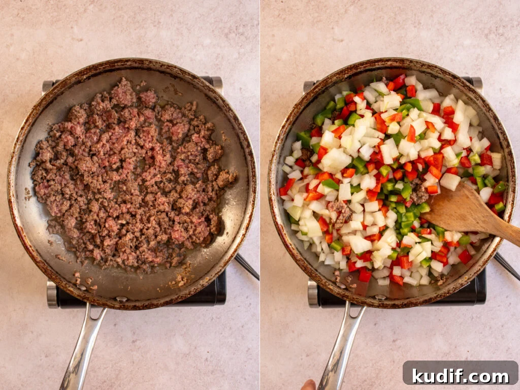 Cheesy Stuffed Pepper Casserole Bake Recipe 5 Ground beef and peppers in a skillet cooking.