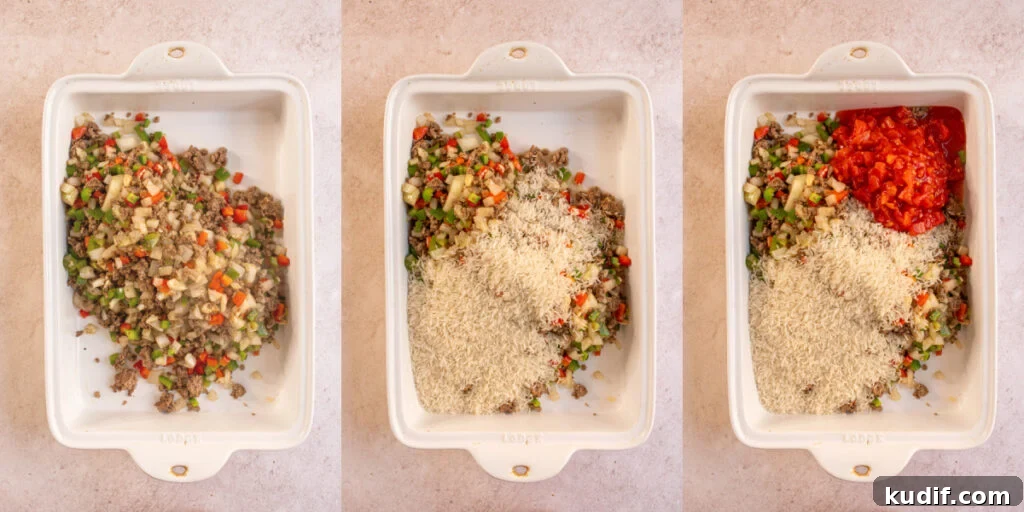 Cheesy Stuffed Pepper Casserole Bake Recipe 6 Collage showing the step by step of making stuffed pepper casserole by adding the beef mixture, rice and tomatoes to a casserole dish.