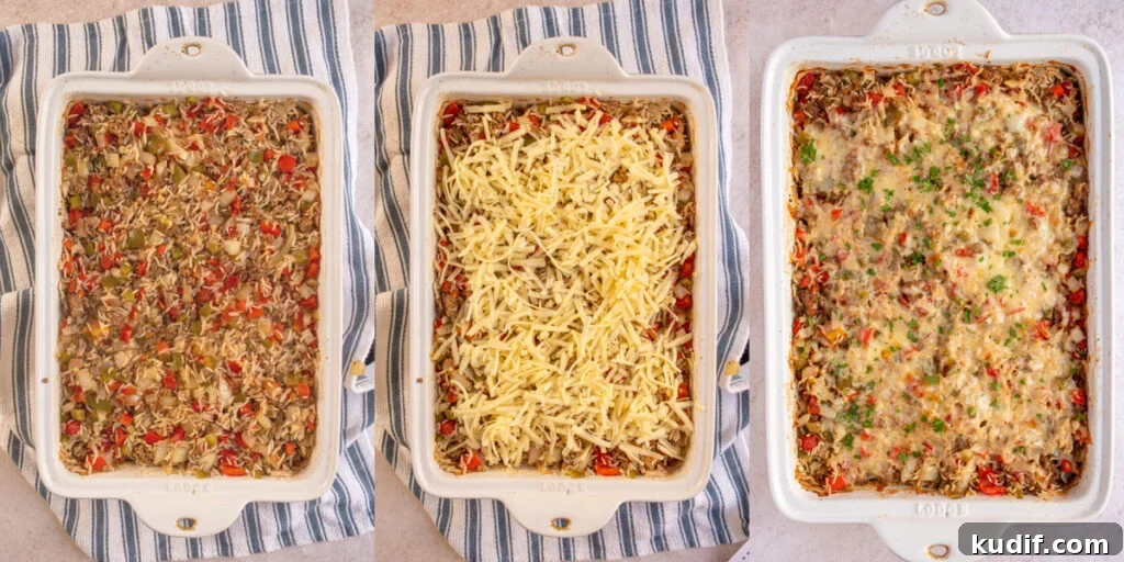 Cheesy Stuffed Pepper Casserole Bake Recipe 7 Collage showing the step by steps of the stuffed pepper casserole out of the oven, stirred with cheese, and then all done out of the oven.