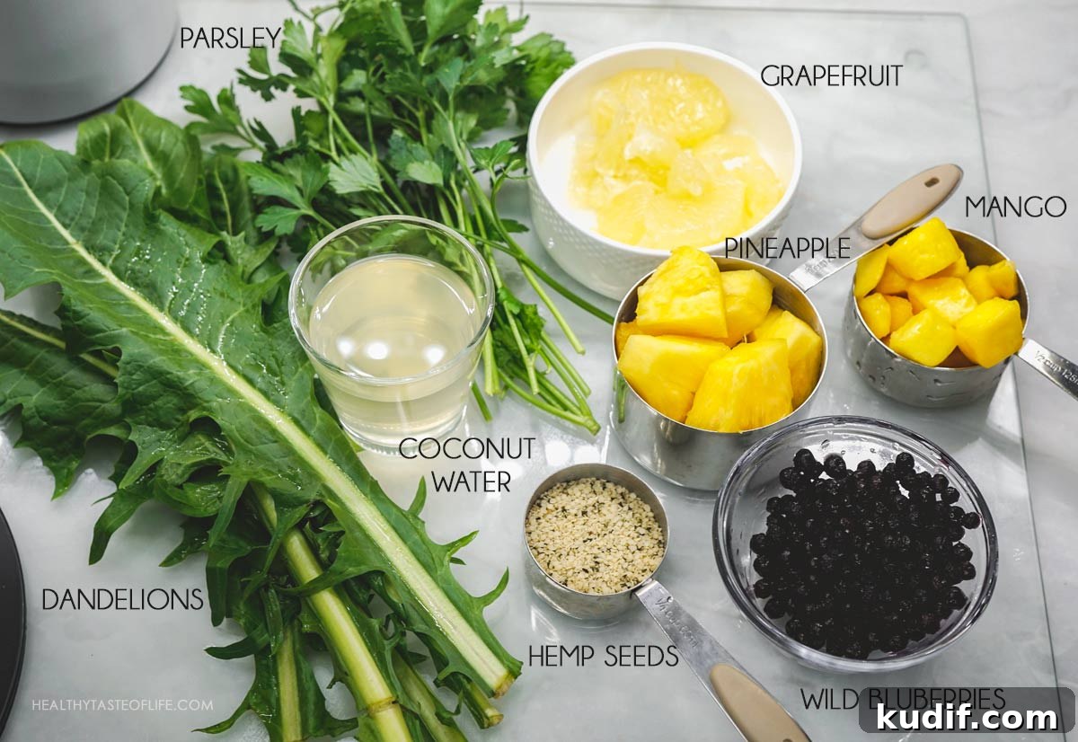 Liver & Gallbladder Detox Smoothie Recipe for Support 3 Gallbladder and liver smoothie ingredients displayed in measured quantities on the table.