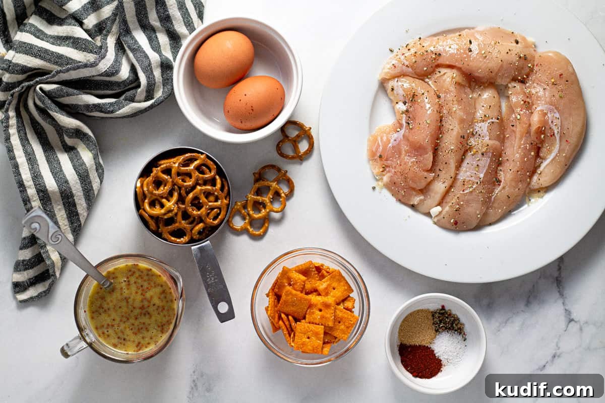 Overhead shot of ingredients to make chicken tenders laid out on a white marble counter top 