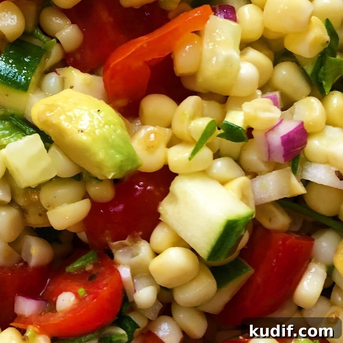 Summer Avocado, Corn, Cucumber & Tomato Salad Recipe 3 corn, cucumber, tomatoes.