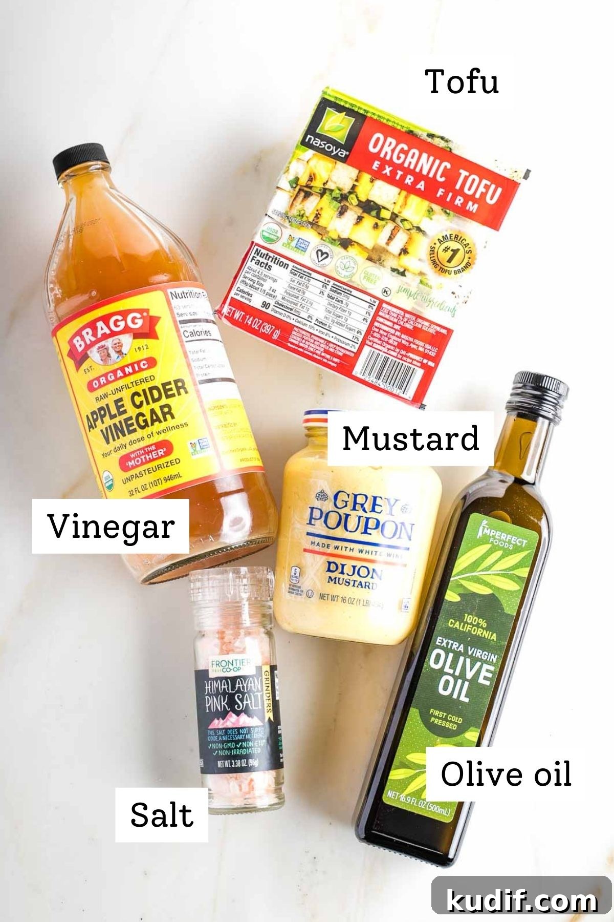 Creamy Tofu Vegan Mayonnaise Recipe — Quick & Luscious 4 Labeled ingredients: tofu, vinegar, salt, mustard and olive oil in their original packages.