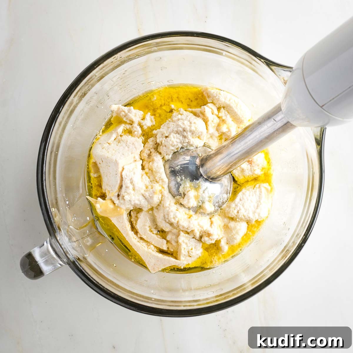 Creamy Tofu Vegan Mayonnaise Recipe — Quick & Luscious 7 Immersion blender whipping up vegan mayo.