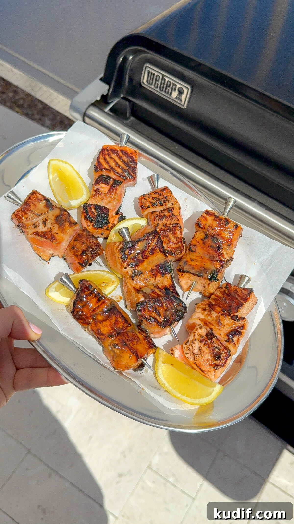 Miso-Glazed Salmon Skewers with Sesame and Scallions 3 Miso glazed salmon straight off the grill.