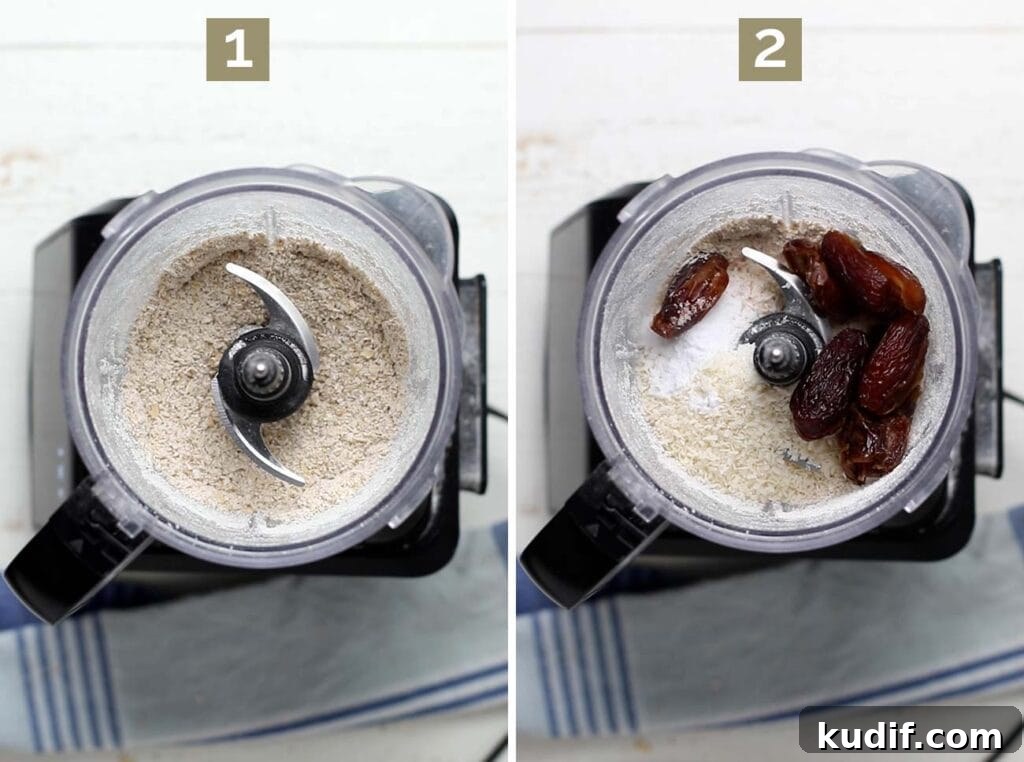 Sugar-Free Gluten-Free Date Bars: Soft Chewy Snack Recipe 6 Step 1 shows to make oat flour. Step 2 shows to add the dates, coconut, and salt and baking soda.