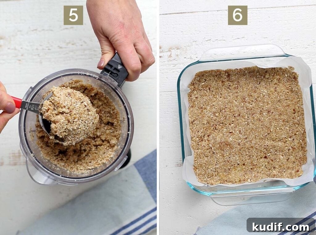 Sugar-Free Gluten-Free Date Bars: Soft Chewy Snack Recipe 8 Step 5 shows to reserve some topping, and step 6 shows to press the cookie layer into a pan.
