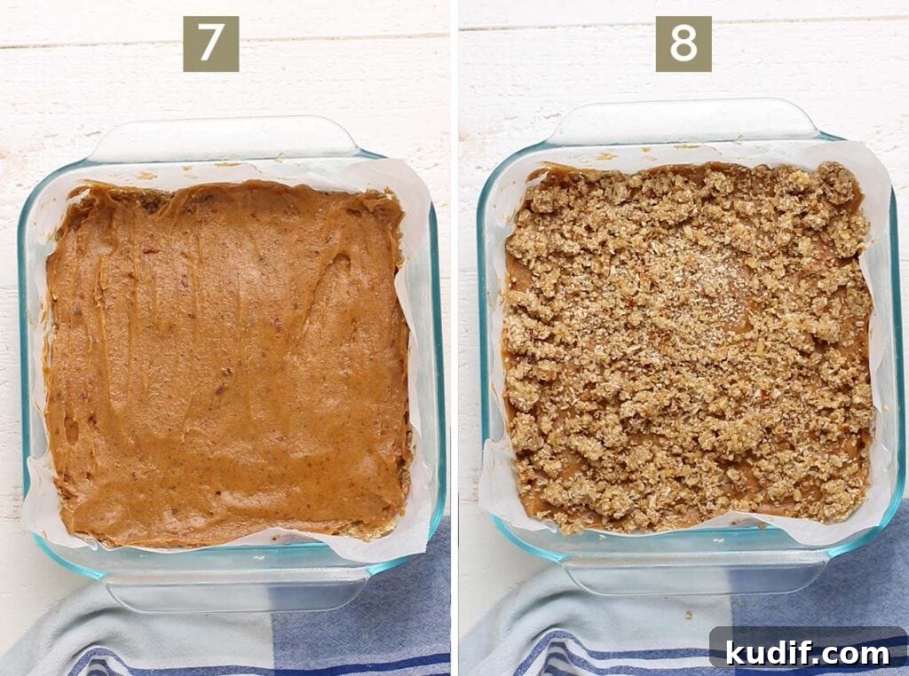 Sugar-Free Gluten-Free Date Bars: Soft Chewy Snack Recipe 9 Step 7 shows to smooth the date layer over the cookie layer, and step 8 shows to add the crumble topping.