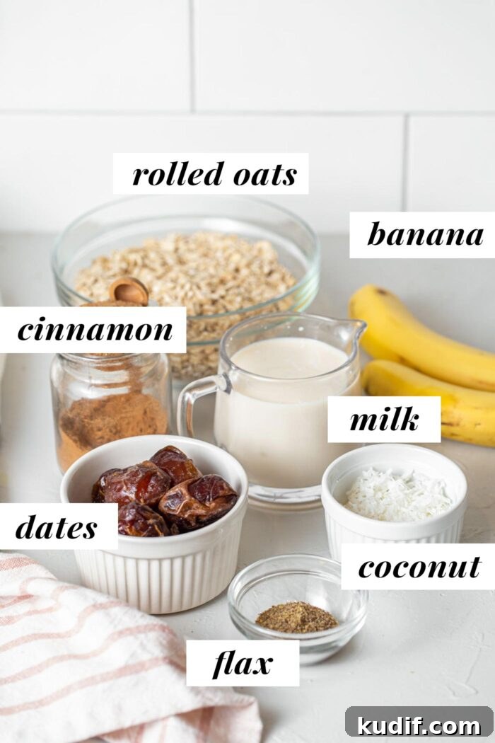 Labelled ingredients for making banana oat bars.