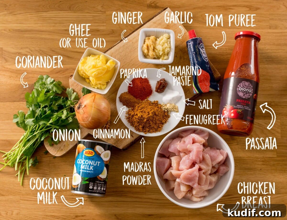 Authentic Chicken Madras Curry Recipe for Bold Flavor 4 Ingredients for Chicken Madras on a wooden table