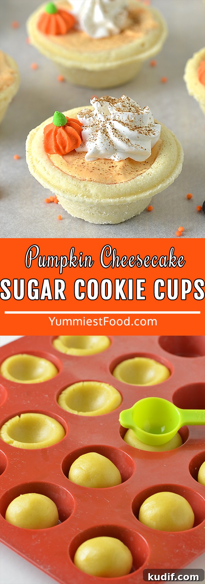 Delicious pumpkin cheesecake sugar cookie cups topped with a dollop of whipped cream and a sprinkle of cinnamon. They are delicious and such fun little cookies to bite into!