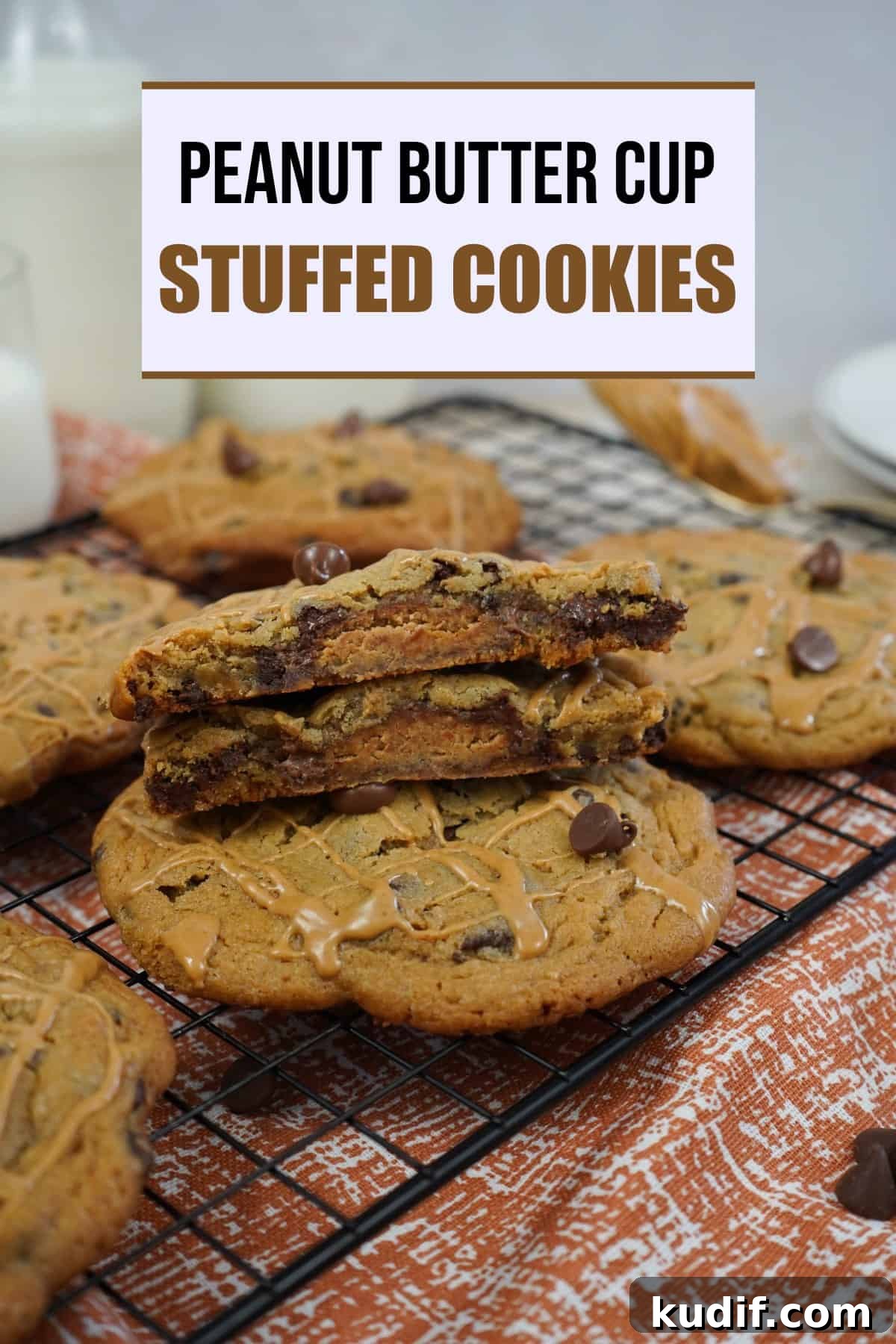 Peanut Butter Cup Stuffed Cookies Recipe for Decadent Treats 10 Peanut butter cup stuffed cookies with title.