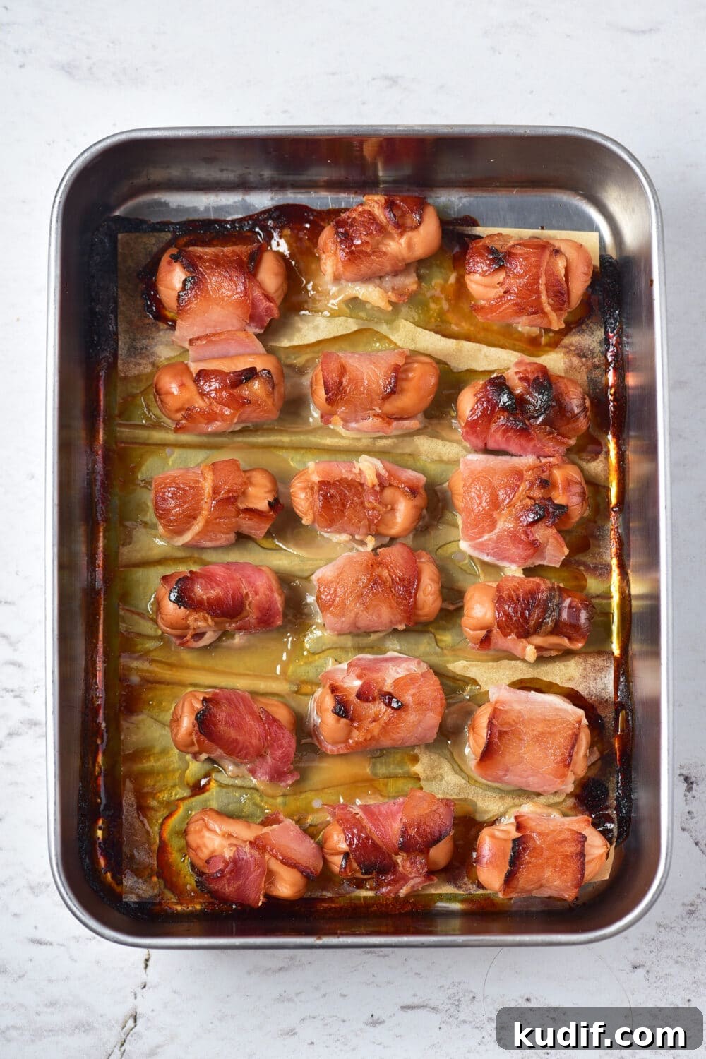 pigs in a blanket fresh from oven, overhead view