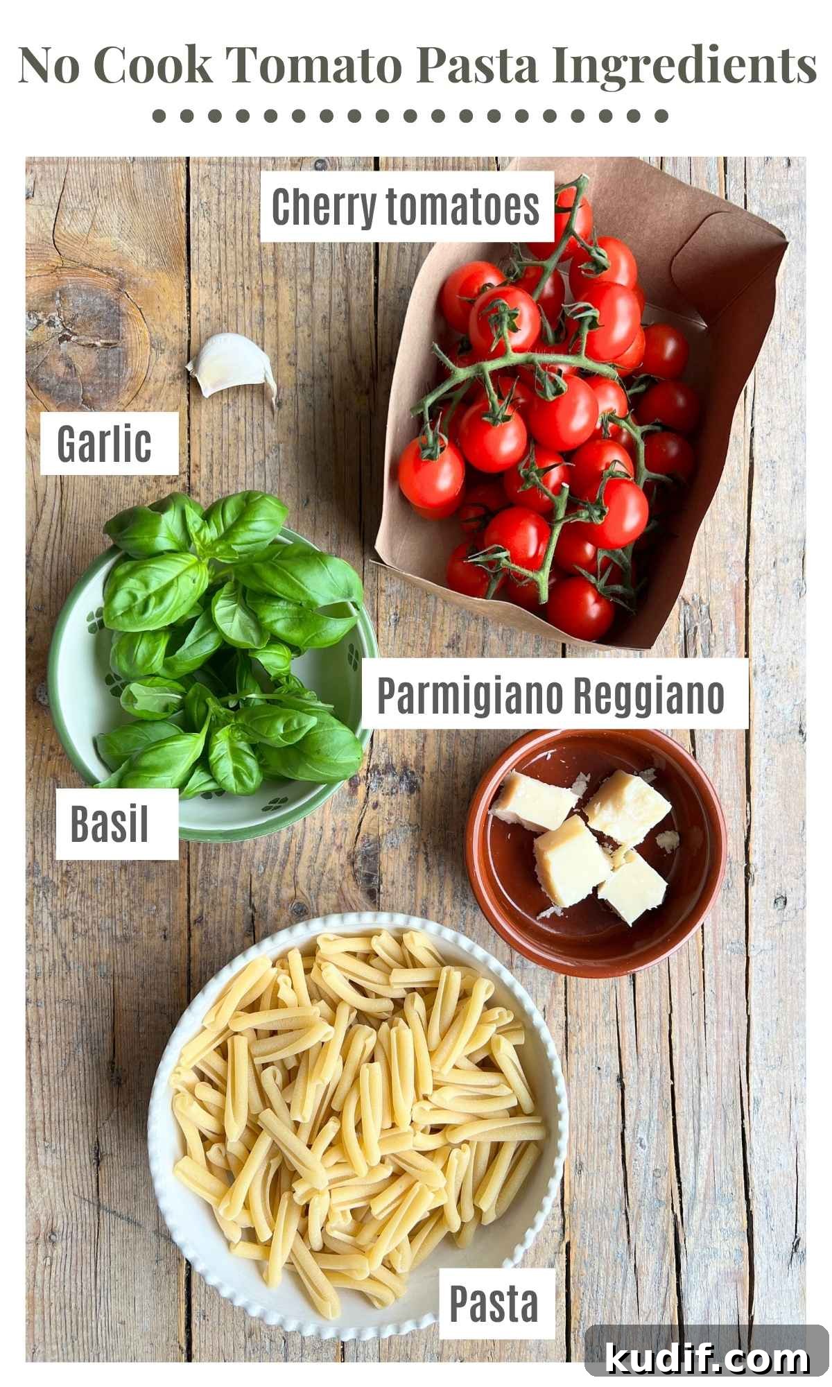 Fresh No-Cook Tomato Pasta Sauce Recipe for Quick Dinners 3 The ingredients needed to make a no cook tomato pasta laying on a rustic wooden surface; cherry tomatoes, pasta, garlic, Parmigiano Reggiano and basil.