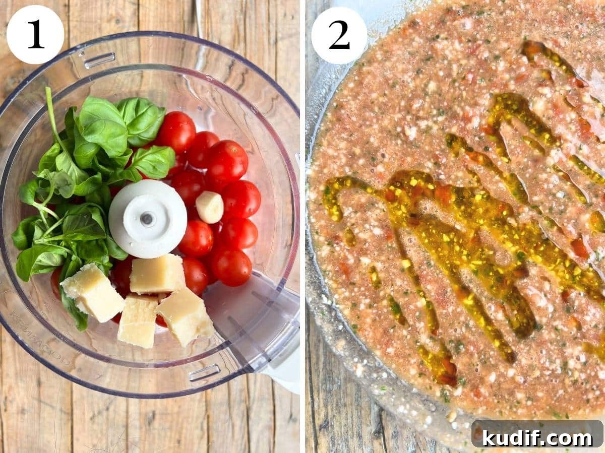 Fresh No-Cook Tomato Pasta Sauce Recipe for Quick Dinners 4 Two photos showing the before and after of blitzing a tomato sauce in a food processor.