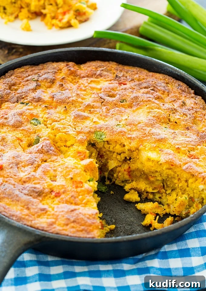 Crawfish Cornbread baked in a cast iron pan